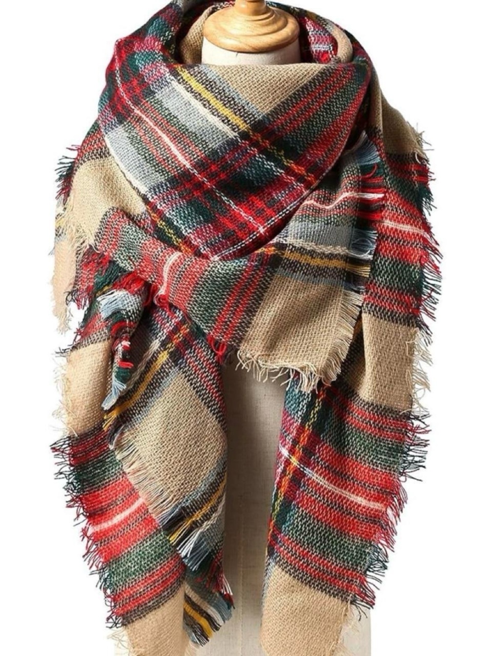 Plaid Fringe Blanket Scarf - Beige, Red & Green